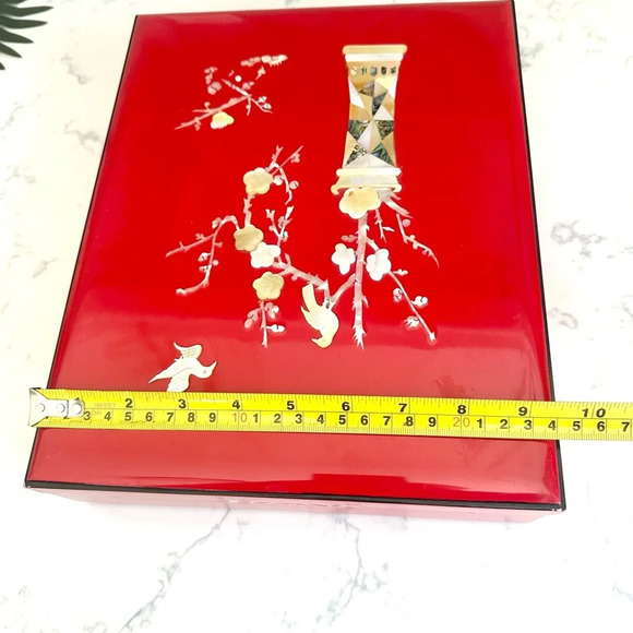 Vintage Lacquered Red Box Mother of Pearl Abalone Inlay Asian Box Stationary Box - Picture 14 of 16